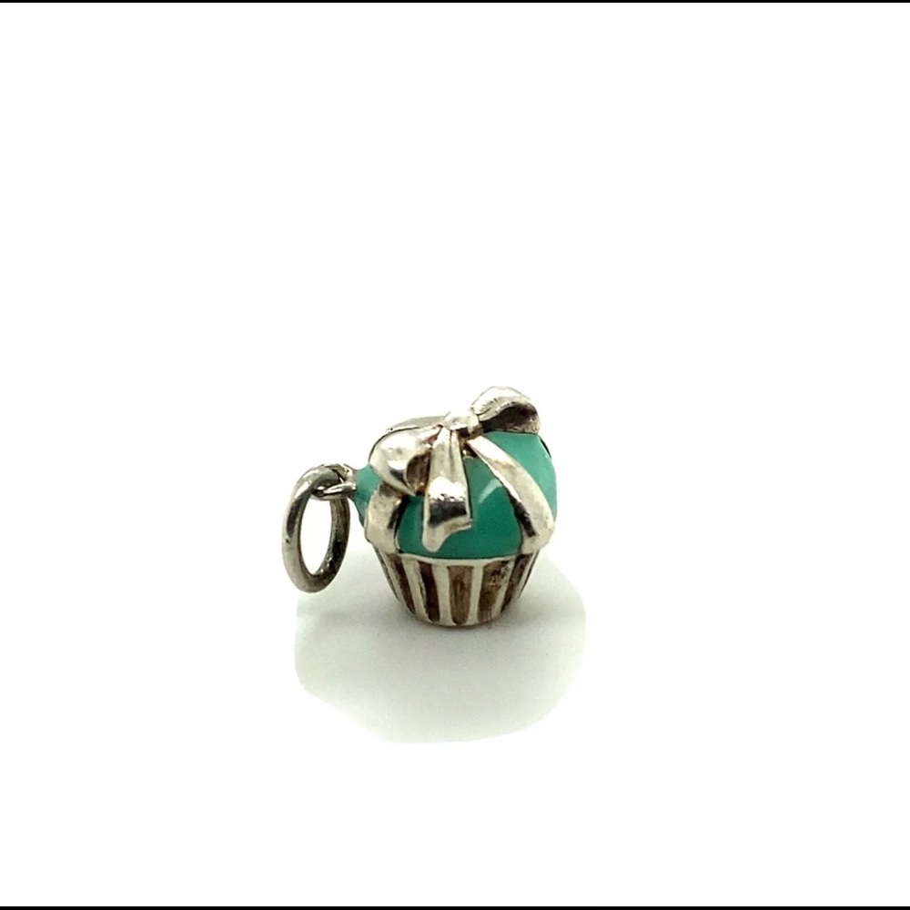 Tiffany & Co Silver Blue Enamel Cupcake Ribbon Charm For Necklace Or Bracelet